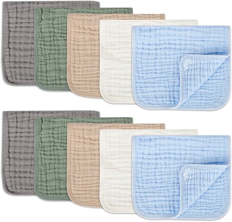 Arnzion Muslin Burp Cloths Set for Babies 100% Cotton Baby Washcloths, Large 20''x10'' Extra Absorbent and Soft 10 Pack for Boys & Girls Blue Grey Green - Image 1